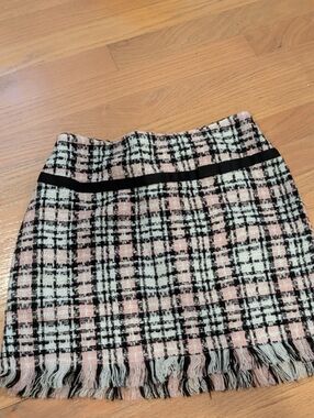 Pink Plaid Tweed Mini Skirt with Fringe